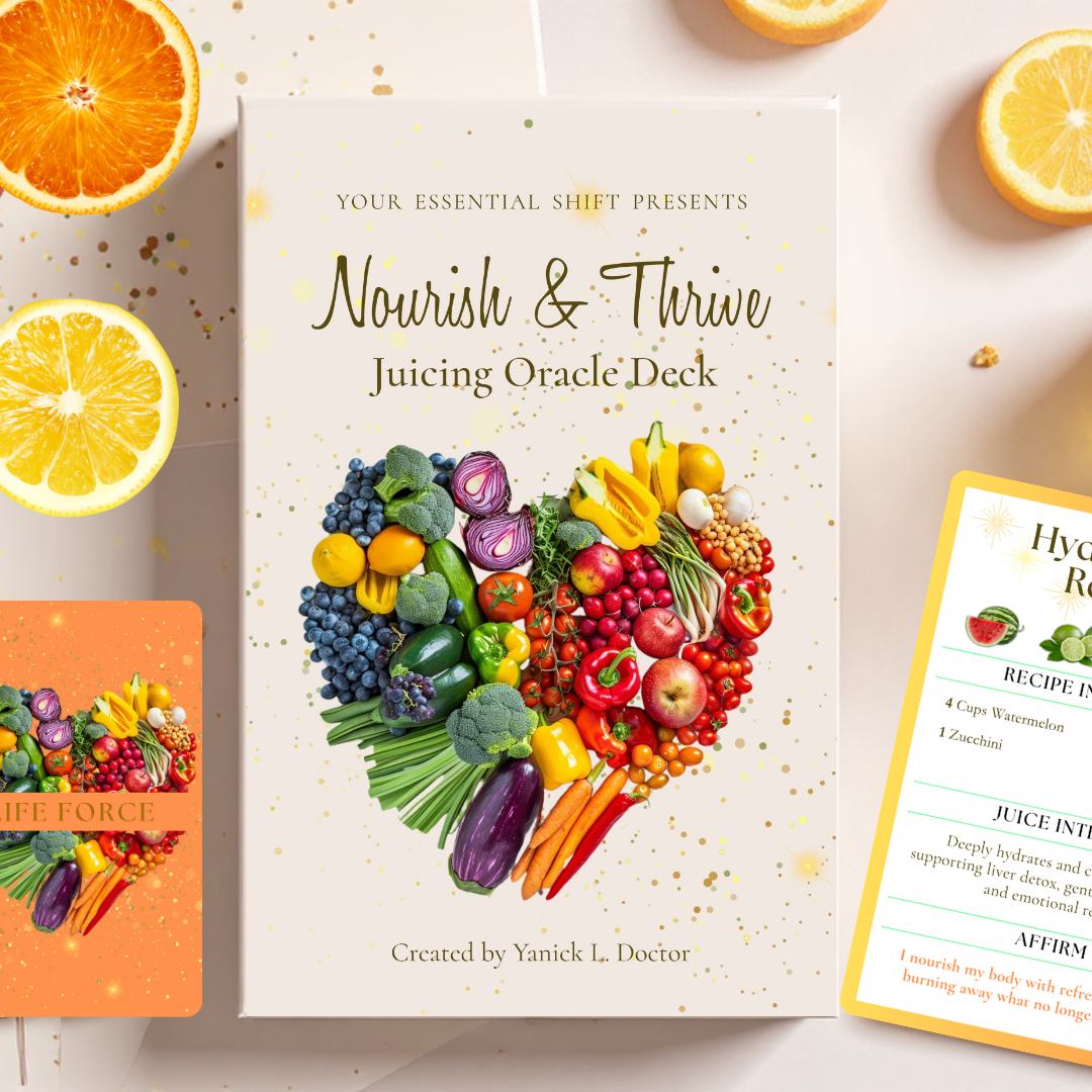 Nourish & Thrive Juicing Oracle Deck with colorful fruit and vegetable heart design on a white background.