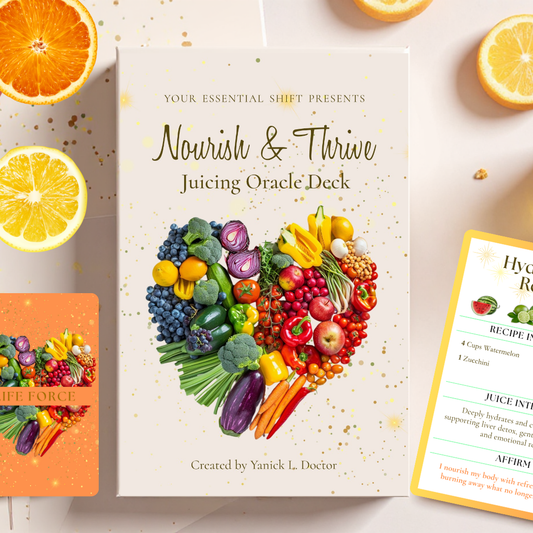 Nourish & Thrive Juicing Oracle Deck with colorful fruit and vegetable heart design on a white background.