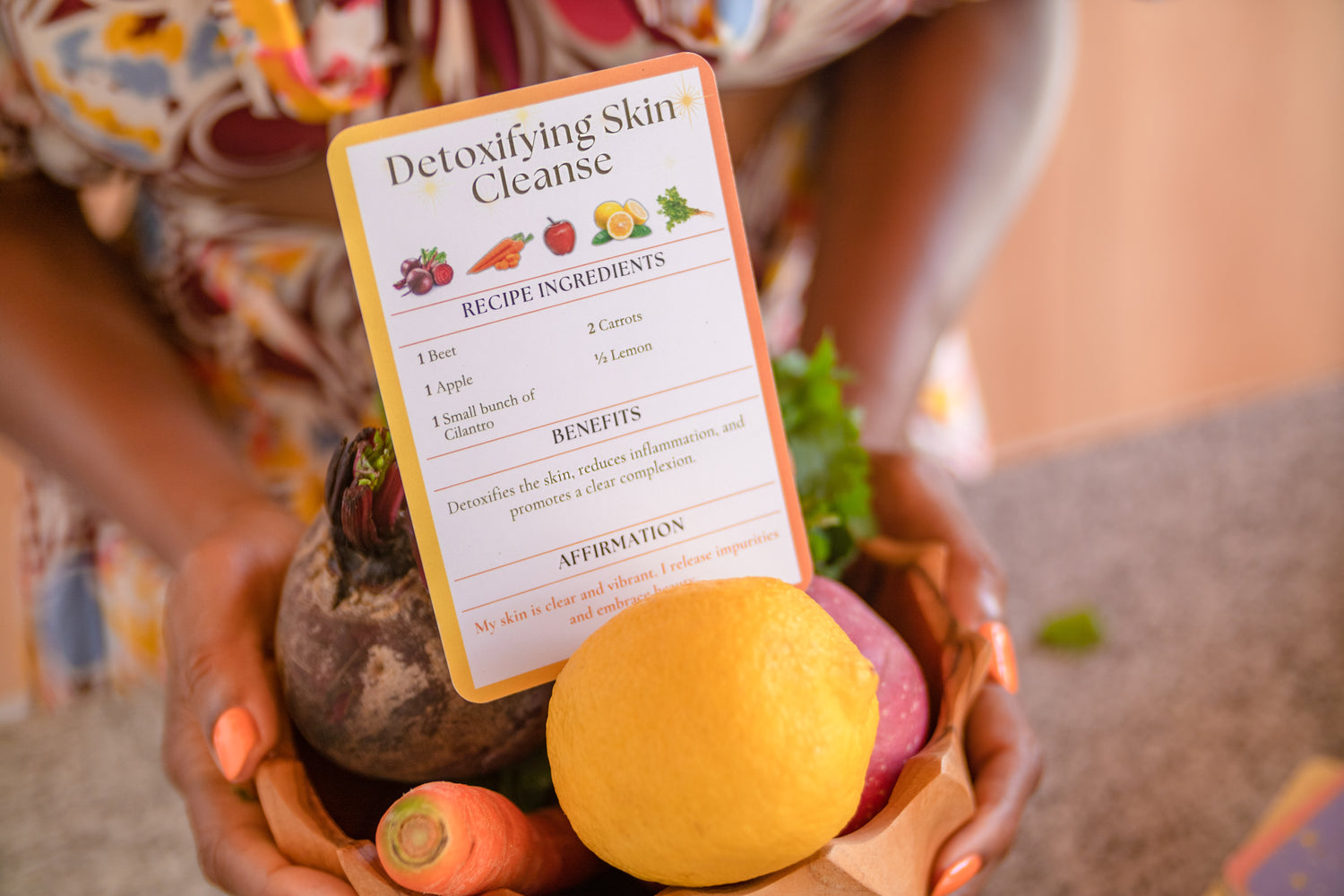 Detoxifying Skin Cleanse recipe card with ingredients including a lemon, carrot, and beetroot.