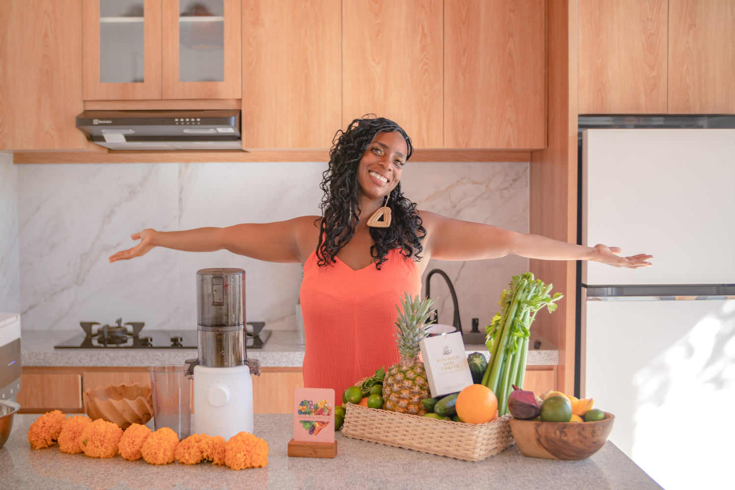 Warm wellness-inspired kitchen space with nourishing foods and holistic living elements.