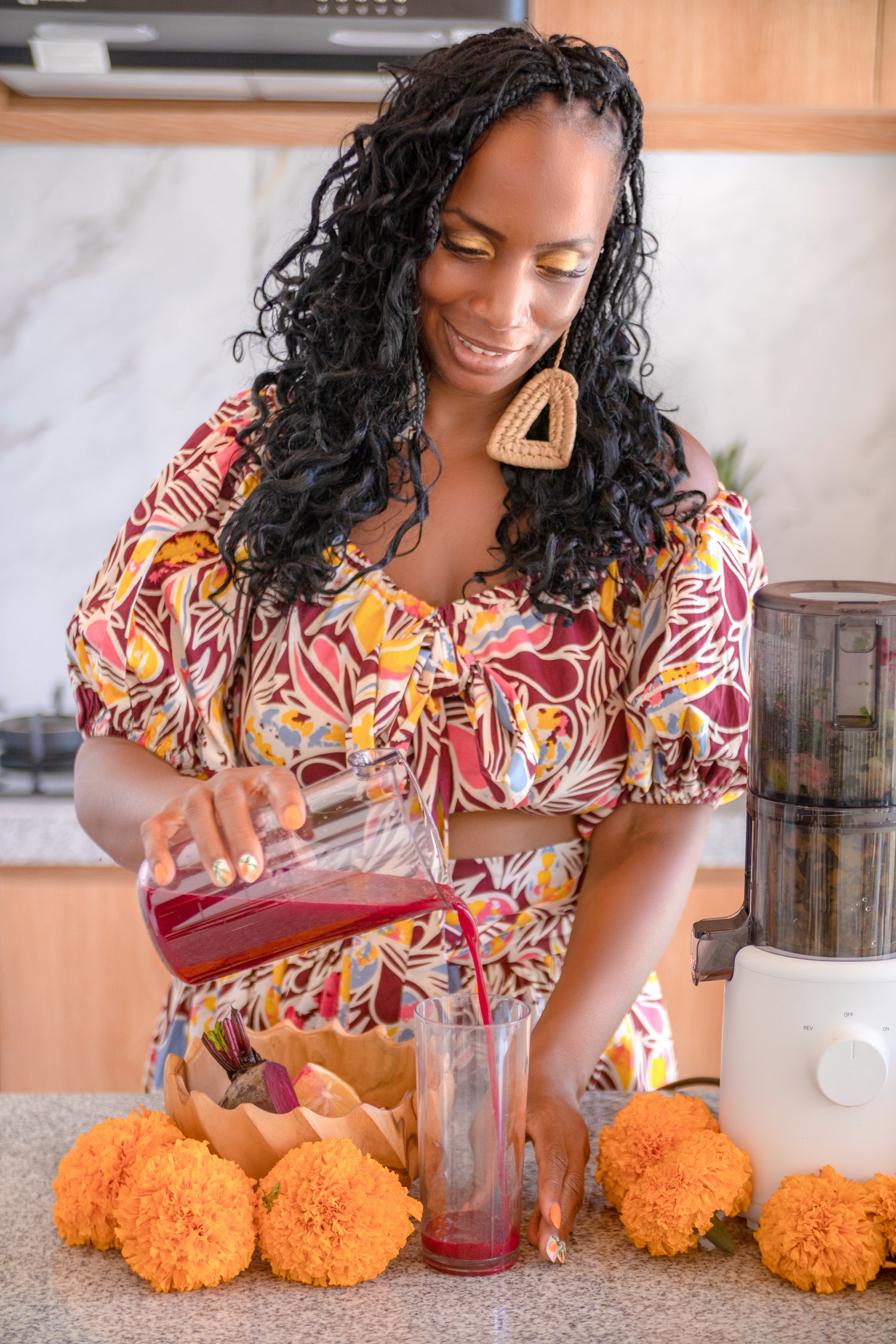 Woman enjoying a slow wellness ritual with nourishing foods and a peaceful atmosphere.